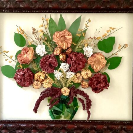 ELEGANT FOREVER BOUQUET, 19" x 23" hand painted roses in yellow and crimson with a variety of grenery in a gren glas vase